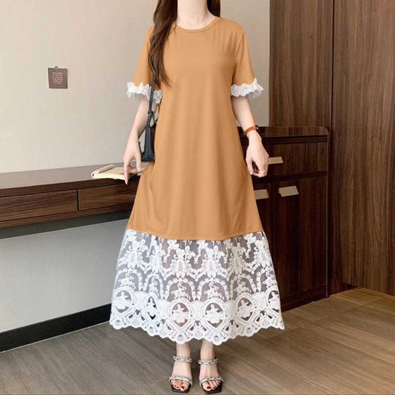 ZANZEA Women Summer Lace Splice Casual Round Neck Short Sleeve Dress