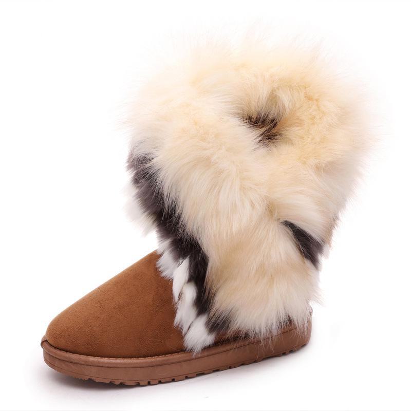 Damen Mid-Calf Schneestiefel mit Fuchsfellbesatz - Winter Baumwollfutter