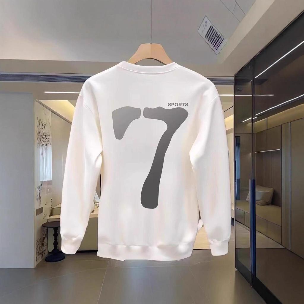 Herren Schweres Baumwoll-Sweatshirt - Koreanischer Stil, Langärmlig, Rundhalsausschnitt, Persönlichkeitszahl 7, Perfekt für Herbst und Winter