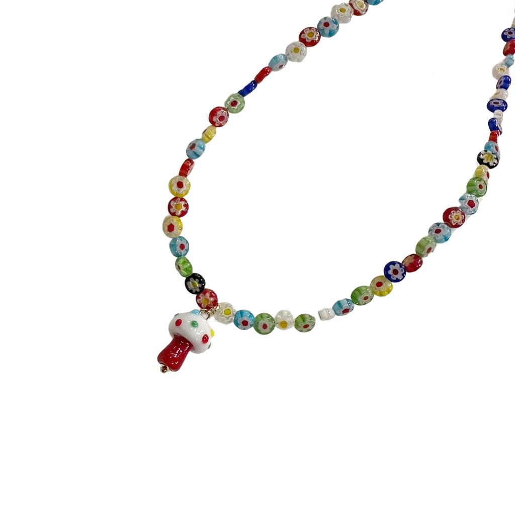 Colorful Glass Bead Necklace Featuring Mushroom Pendant and Floral Designs Decoration for Trendy Women Outfits