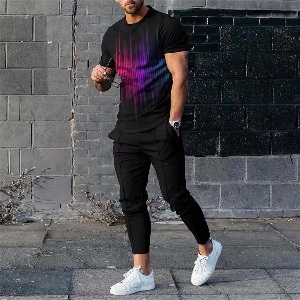 Heißer Verkauf Sommer 3D-gedruckt Herren Kurzarm T-Shirt Hosen Set Mann Kurzarm Lange Hose Set Retro Lässig Herren T-Shirt Hosen Anzug