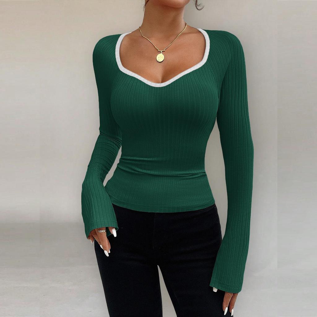 Women's Fashion Long Sleeve U-Neck Knitted Bottoming Top