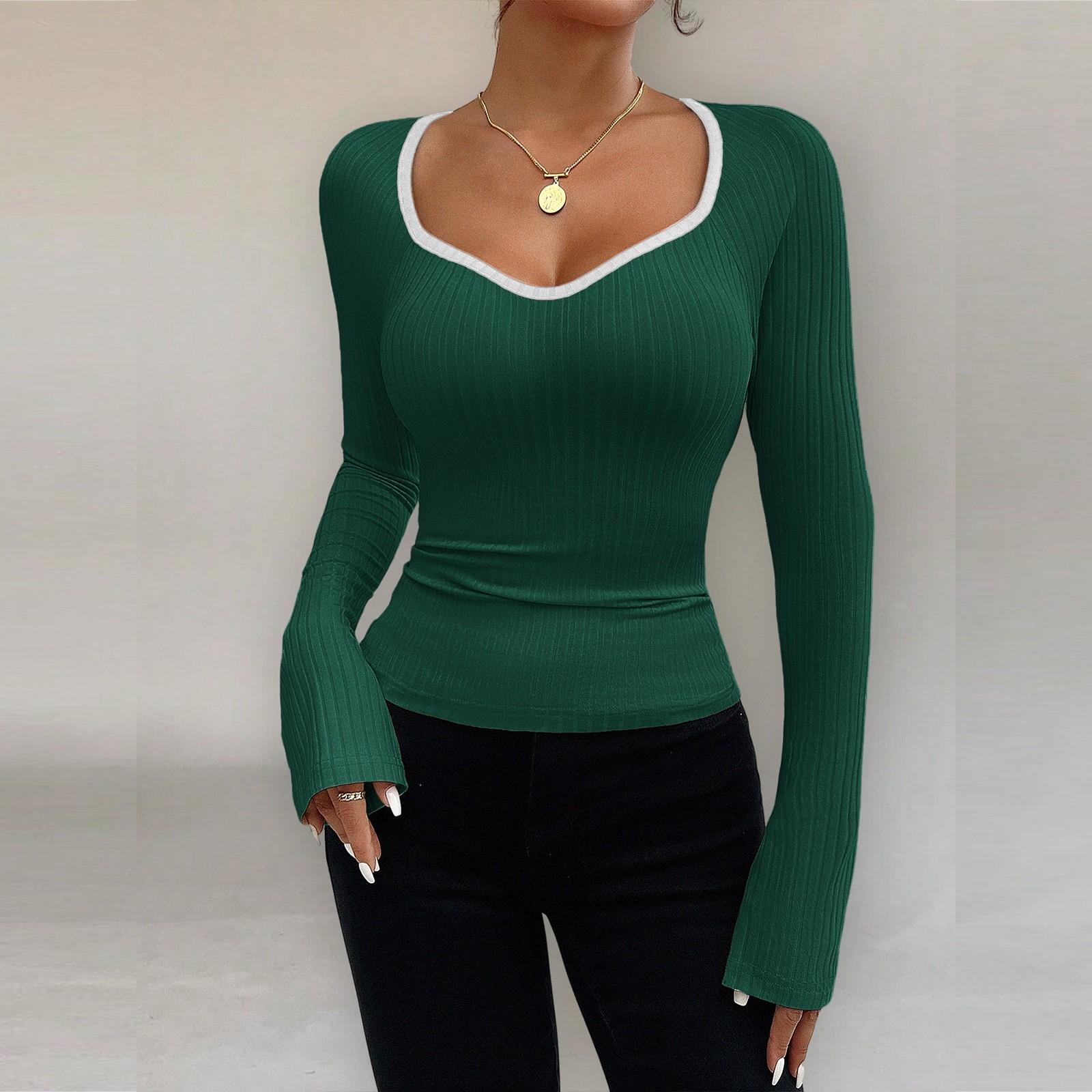 

Women s Fashion Long Sleeve U-Neck Knitted Bottoming Top L зелёный