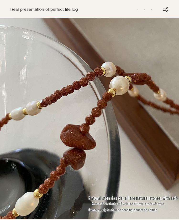 Ethnic Style Freshwater Pearl Necklace with Gold Sandstone Beads - High-End Sweater Chain Jewelry