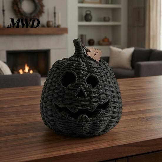 Herfst Buiten Decoratie Handgeweven Pompoenmand met Heksenhoed Deksel, Rustieke Vlechtwerk Trick Beschutte Veranda Decoratie of Snoepmand voor Buiten Halloween