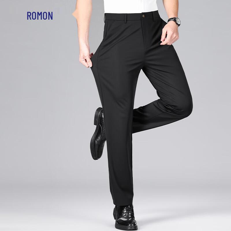 Romon Men's Lightweight Four-Way Stretch Straight-Leg Business Casual Trousers