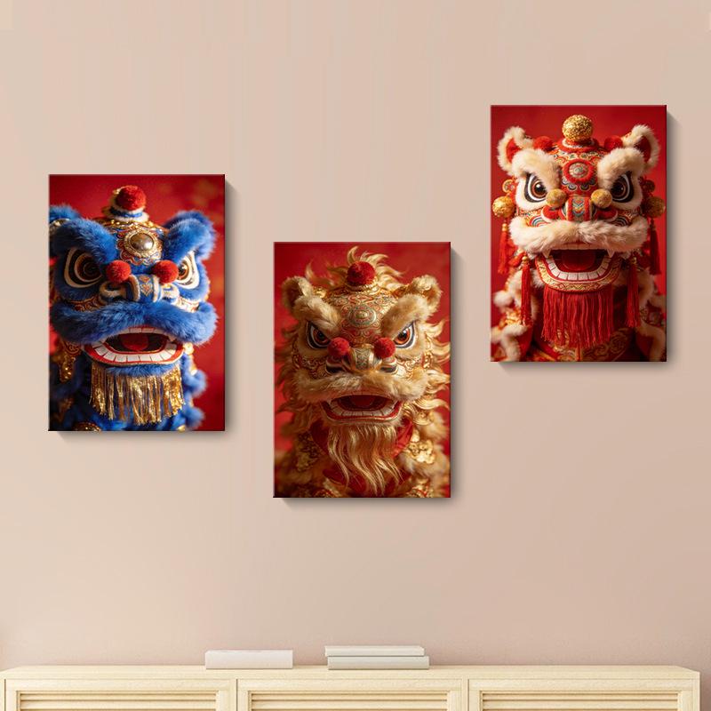 Chinese Festival Lion Dance Decorative Wall Art: Oil Canvas Mural