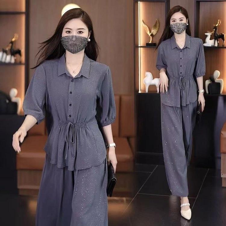 

Summer Fashion Pure Color Shiny Loose Wide Leg Pants Two Piece Set for plus Size Women Shirt Cover Belly Elegant Outfit 5XL сірий
