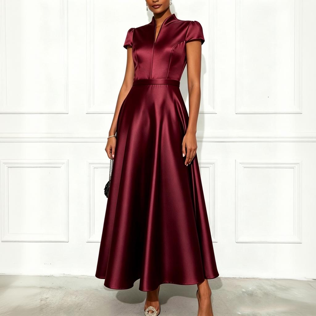 Women's V Neck Short Sleeve Dress Satin Fabric Waist Fitted Flared Long Skirt Evening Formal Gown