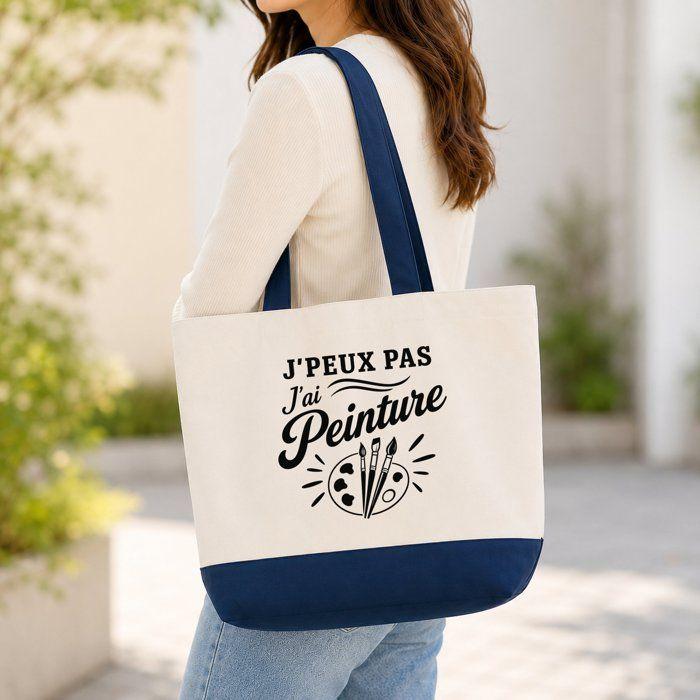 Grand Sac Cabas Fond Bleu J’peux pas j’ai Peinture J'peux pas minimaliste | Toile de Coton 170 g/m² 27 L Poche Intérieure Anses 64