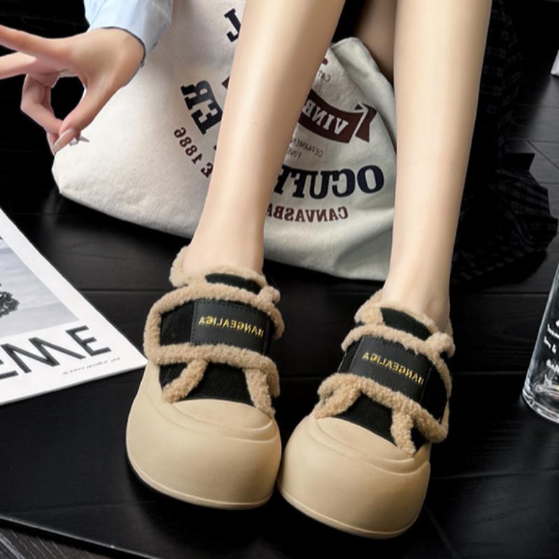 Genuine Leather and Velvet Loafers for Women Winter Velcro Retro Sneakers Thick-soled White Shoes All-match Shoes