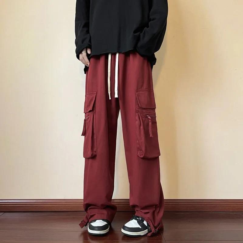 Women Men Wine Red Cargo Pants Wide Leg Streetwear Multi Pocket Trouser