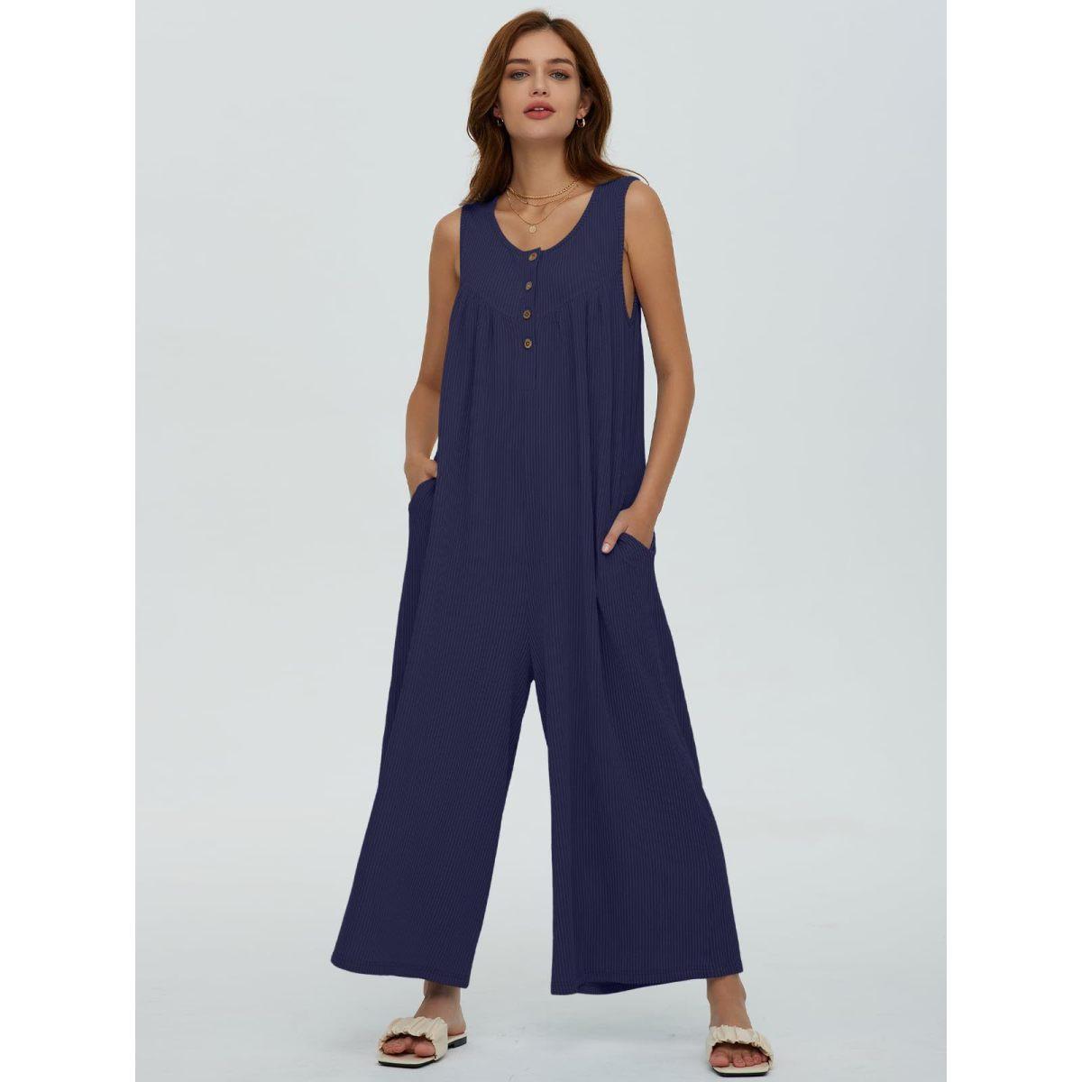 

Women s Solid Color Sleeveless Casual Jumpsuit with Pockets and Suspenders Clothes Sale XXL темно-синього кольору