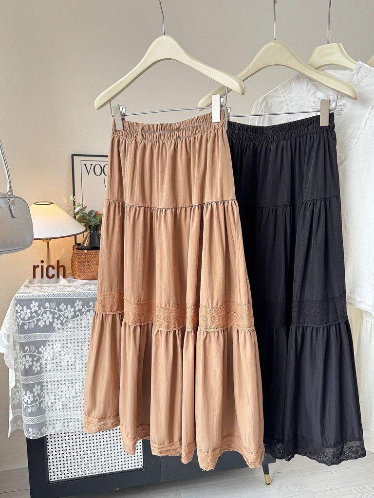 Elegant Hollow Lace Embroidery Patchwork High-Waisted A-Line Midi Skirt - 2026 Versatile Women's Fashion in White
