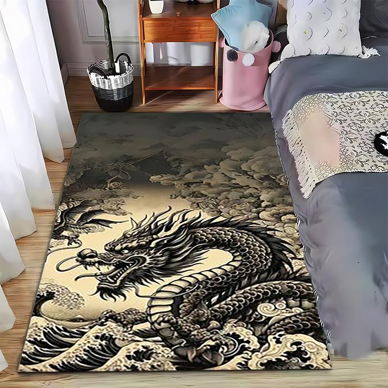 Oriental Dragon Printed Carpet with Ocean Wave Pattern for Home Decor Suitable for use as an anti-slip for living room bedroom sofas
