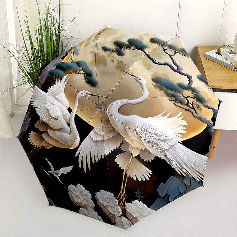 

1pc Elegant Crane Dance Full Moon Scene Outdoor Umbrella Automatic Opening/Closing Design, Portable Folding Structure with 8-Rib Iron Frame, Perf