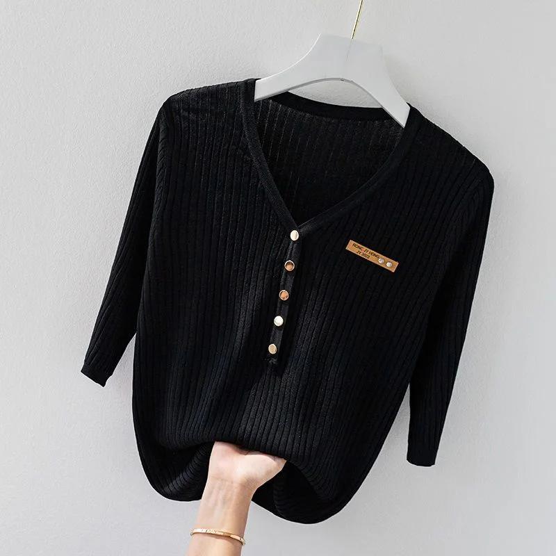 Blusa da Donna a Maglia Costinata Casual Scollo a V Manica Corta Top Decorato con Bottoni