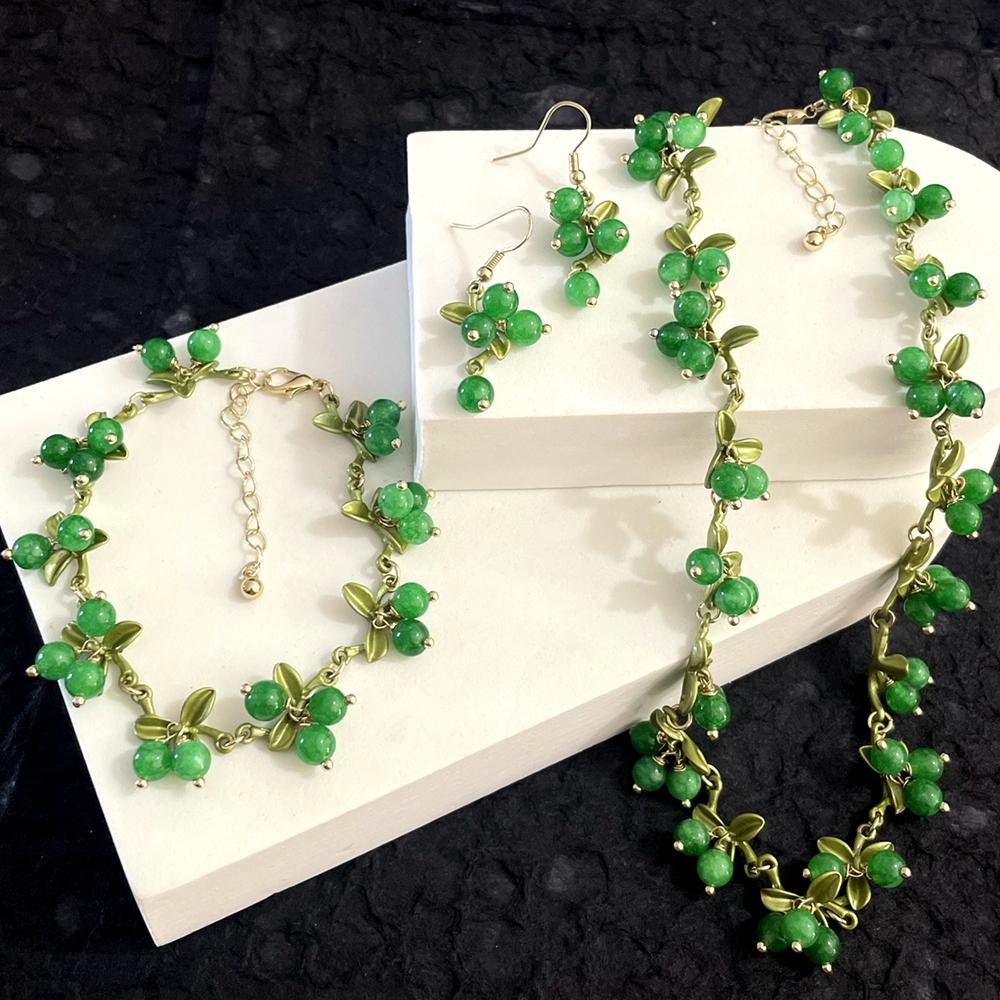 Nowy retro francuski las roślina wypalany lakier kwiat jagoda żurawina kamień naturalny kolczyki bransoletka naszyjnik zestaw