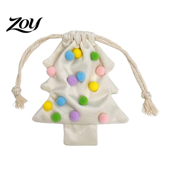Cute Fur Ball Bell Ornaments Christmas Tree Drawstring Gift Bag, Plush Pom Hanging Reusable Xmas Decorations Ornament, Candy Pouch Decor for