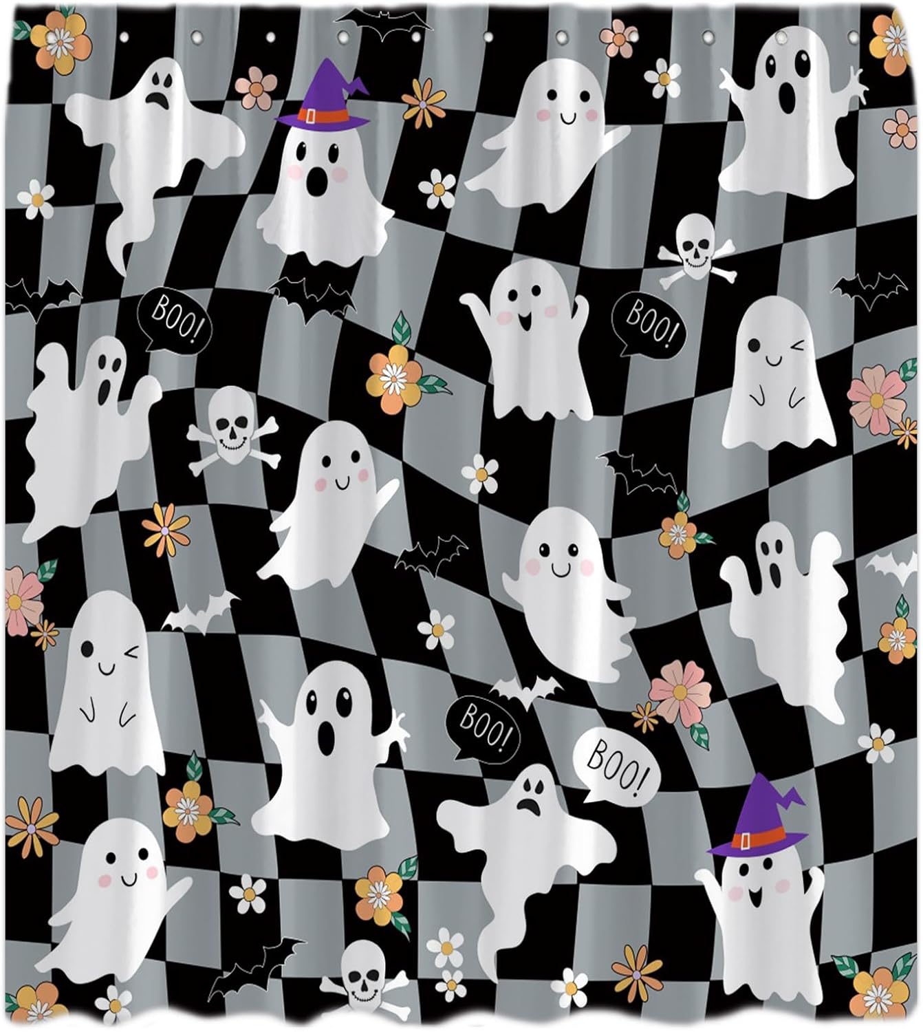 

Halloween Ghost Shower Curtain Cute Funny Cartoon Spooky Icons Bat Floral Pink Checkered Plaid Happy Holiday Decor Bathroom W60H190(CM)-1 Pcs