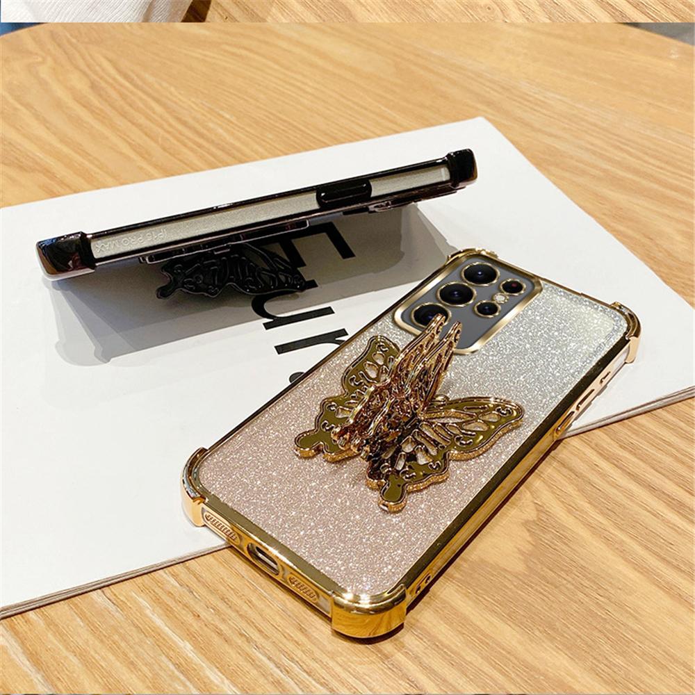 Shockproof Glitter 3D Butterfly Holder Stand Phone Case For Samsung S25 S24 S23 S22 S21 S20 FE Note 20 Ultra Plus Plating Cover