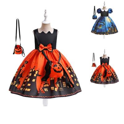 Halloween Hexen-Cosplay-Kleid für Mädchen mit Tasche, Cartoon-Druck