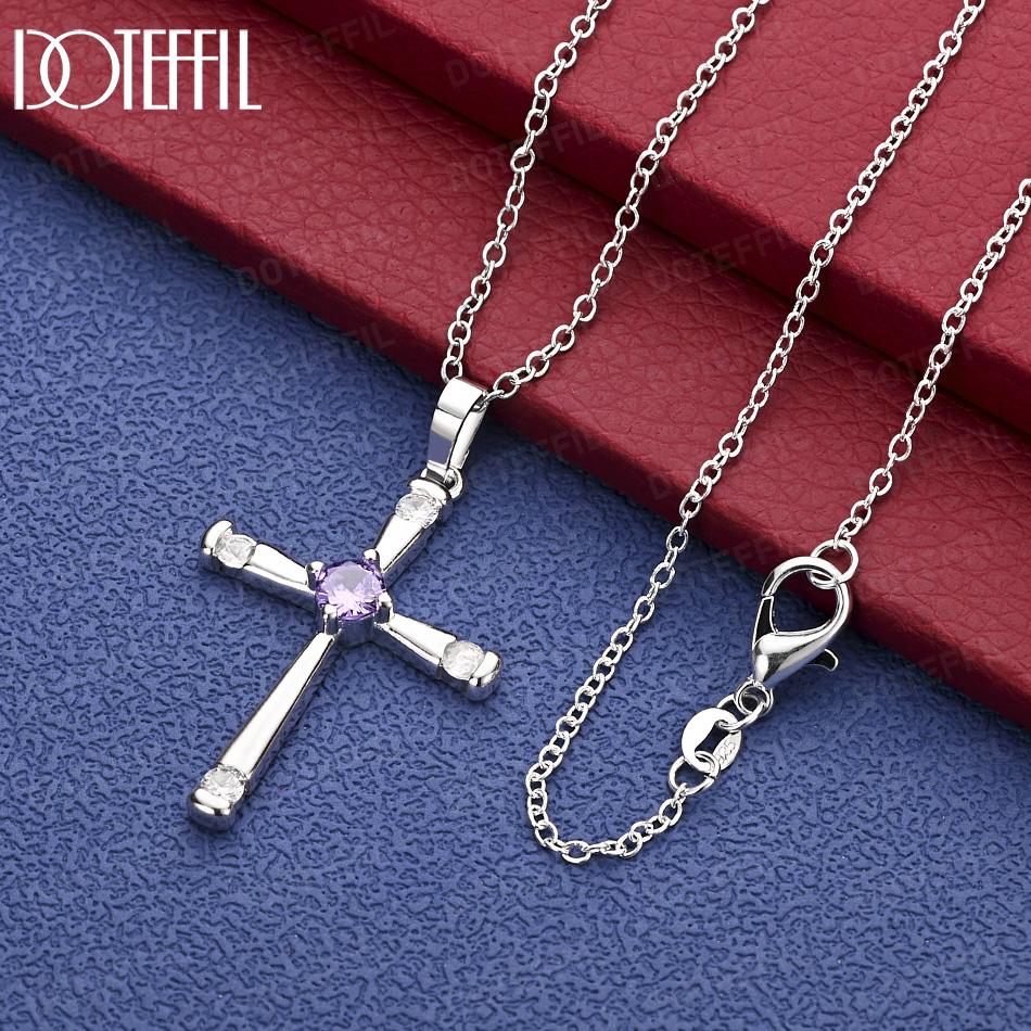 925 Sterling Silver Fashion Necklace With Purple AAA Zircon Cross Pendant Jewelry