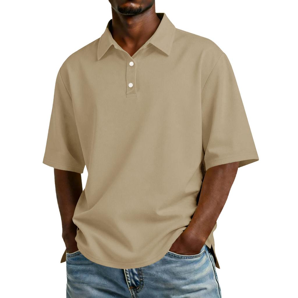 Men Short Sleeve Polo Shirt Classic Fit Cotton Blend Three Button Placket Casual Collar Top for Everyday Wear