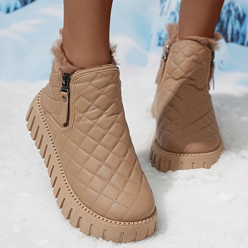 Women's Winter  Boots with Faux Fur Lining & Zipper Closure - PU Cover Round-Toe Ankle Boots with Cushioned Insole & Arch Support