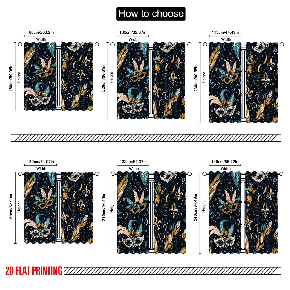 2D Flat Printing 2pcs Curtain Window Drapes Mardi Gras Festive Mask Digital Printed Polyester Drapes Seasonal Party & Holiday
