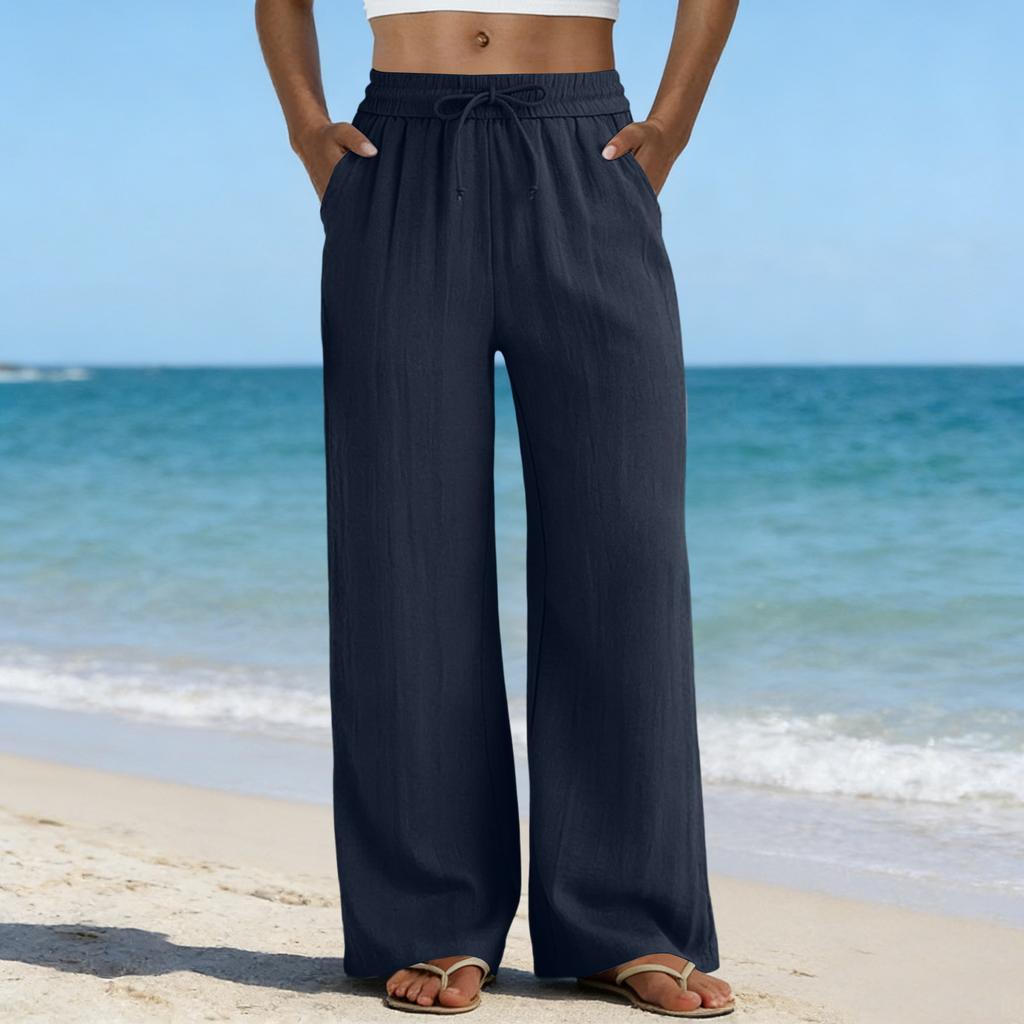 Wide Leg Pants For Women Flowy Drawstring Elastic Waist Trousers With Pockets Summer Beach Vacation Clothes