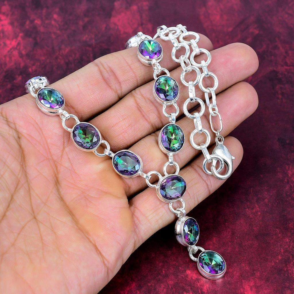 Mystic Topaz 925 Solid Sterling Silver Necklace, Handmade Gemstone Jewelry Necklace, For Memorial Day