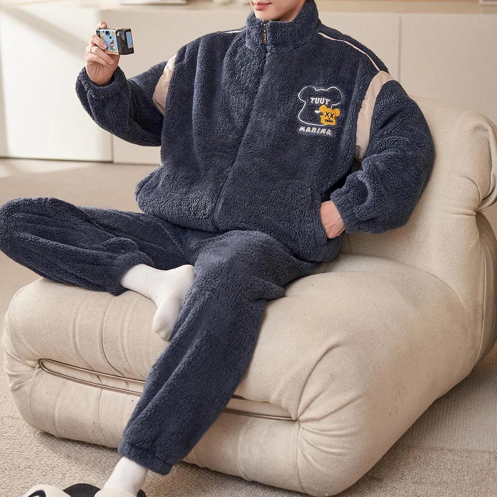Man Winter Warm Sleepwear Pajamas Set Men Flannel Pajama Nightwear Home Clothes Velvet Coral Fleece 6XL Plus Size Pijama
