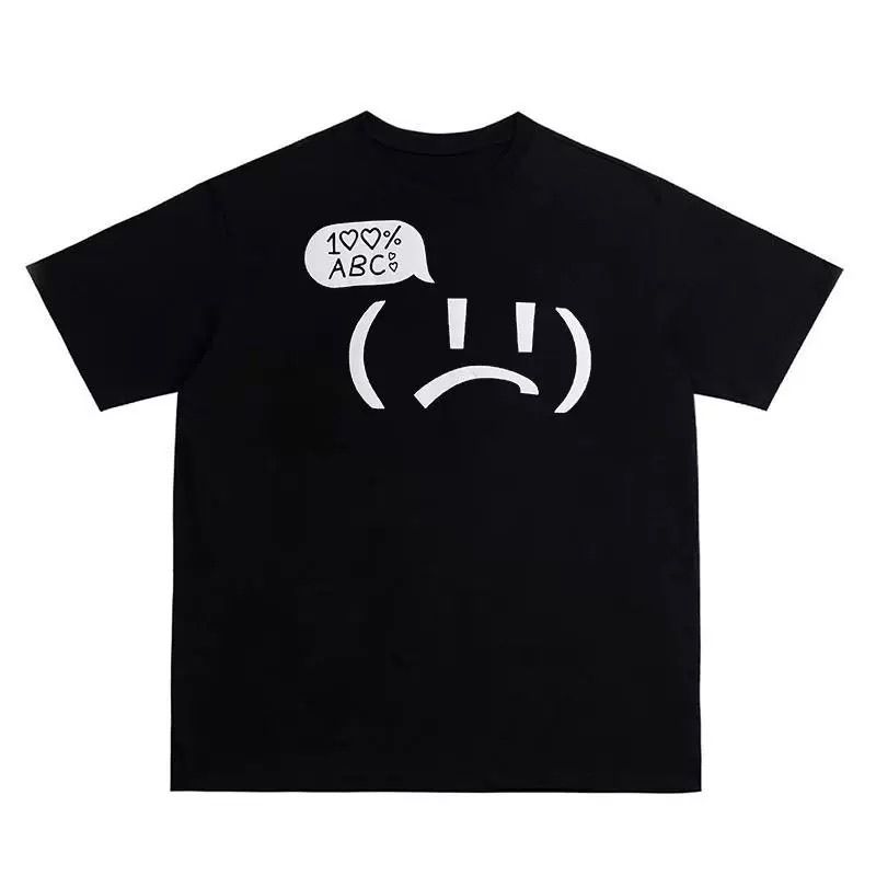 Crying Face Expression Print, Niche Design, Simple Text Print, Loose Pure Cotton T-shirt, Short Sleeve