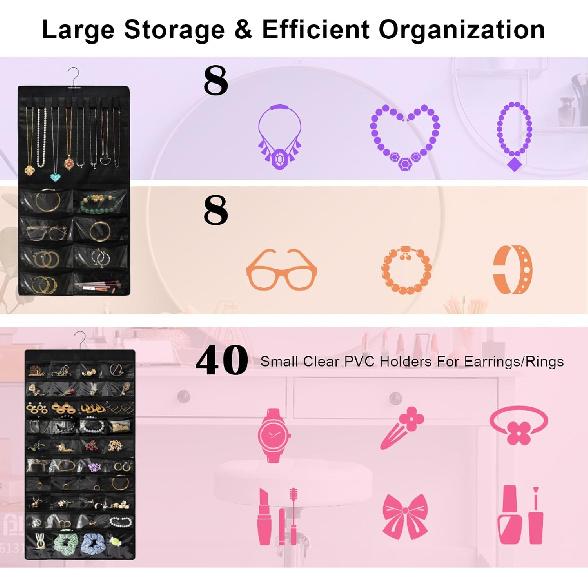 Hanging Jewelry Organizer for Closet, Double-Sided 48 Pockets & 8 Necklaces Holder Jewelry Hanging Organizer to Store Earrings, Necklaces, Bracelets,