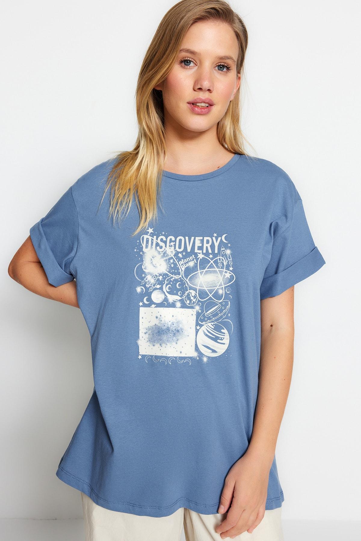 

Вязаная футболка бойфренда с принтом индиго TWOSS22TS1304