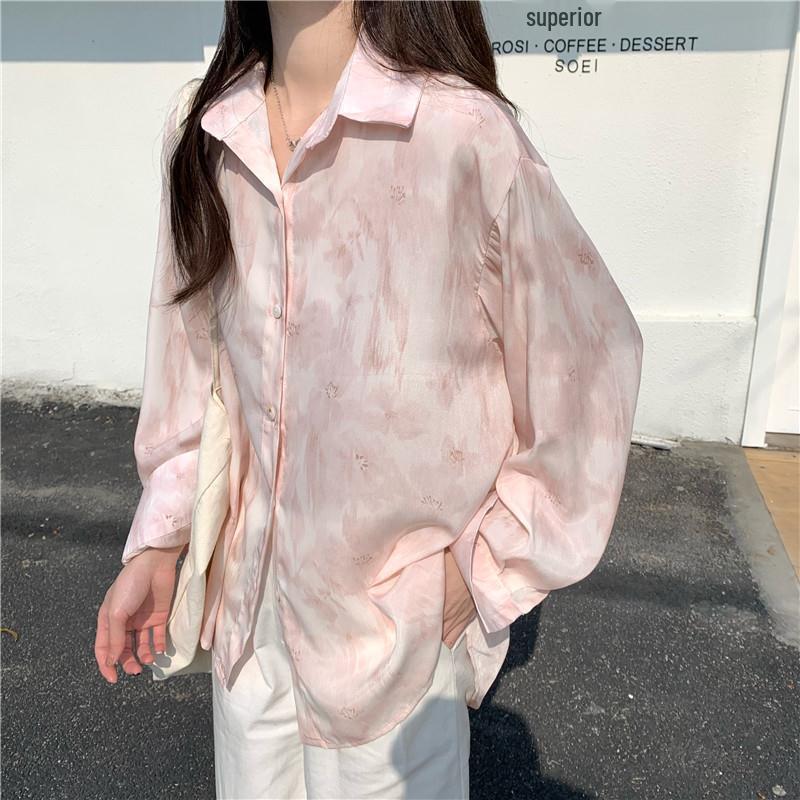 

Spring 2025 Women s Pink Tie-Dye Lapel Shirt Top Small