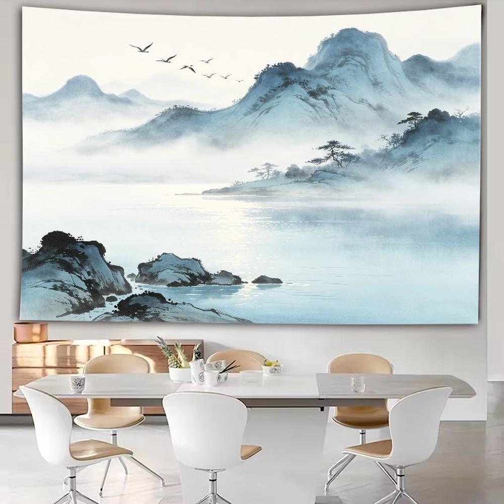 VIKAMA Oriental Wall Hanging, Abstract Green Mountains Waterfall Clouds Asian Home Decor