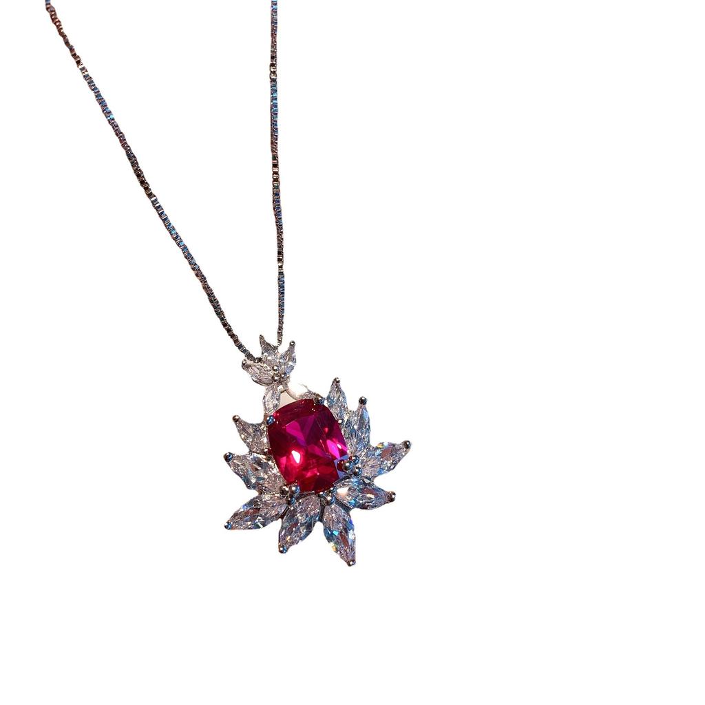 Jewelry Colored Treasure Popular Red Corundum Imitation Gemstone Retro Pendant Temperament Collarbone Chain
