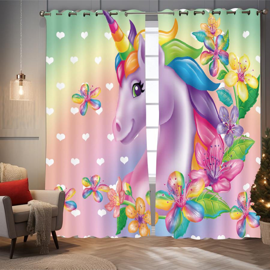 2 Stück verträumte Vorhänge mit Einhorn-Musterdruck, rosa Cartoon-Blume Regenbogen zur Dekoration, Schlafzimmer, Wohnzimmer