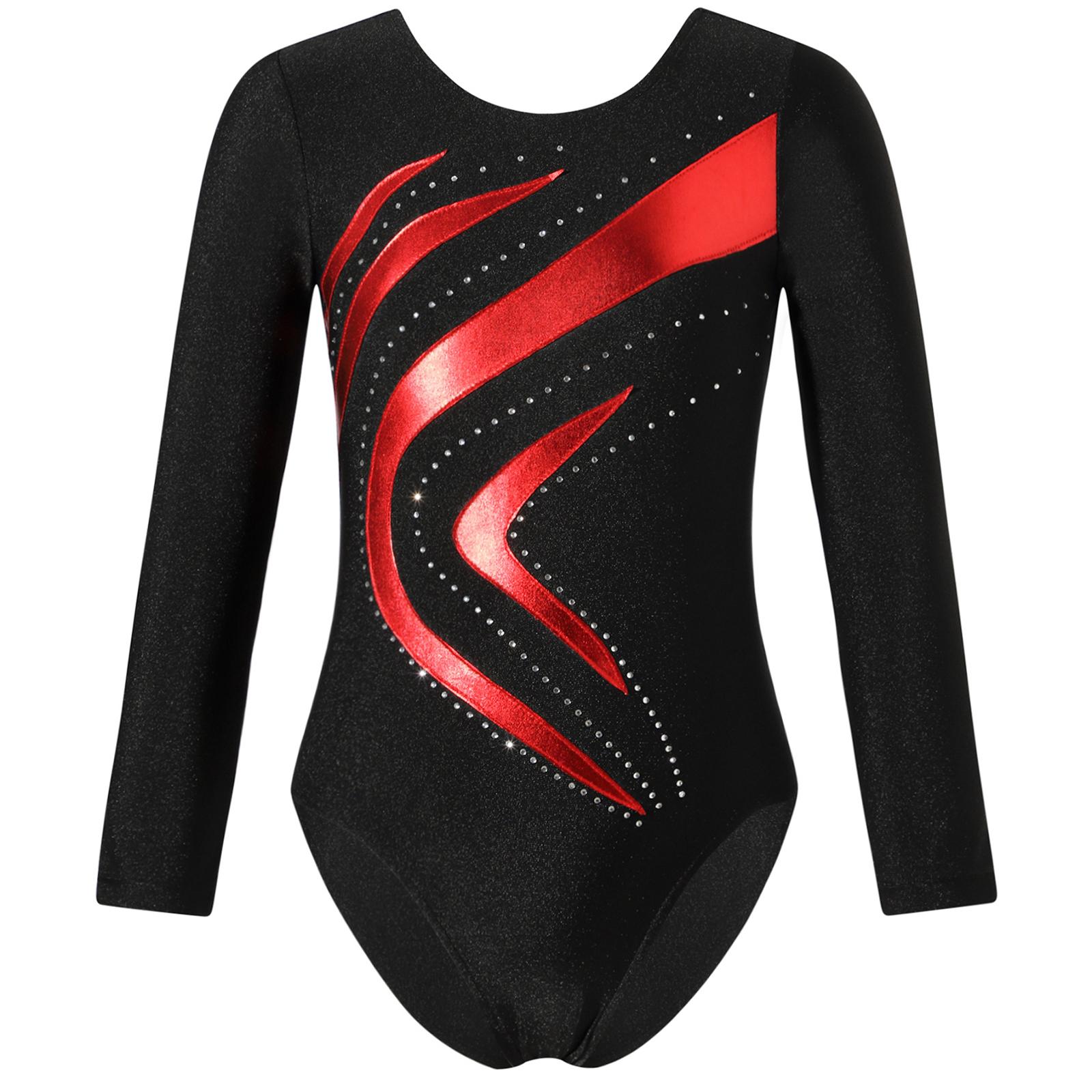 ZDHoor Kinderen meisjes glanzend strass decor gymnastiek turnpakje ronde hals lange mouw fitness dans bodysuit outfit 7-8 Years