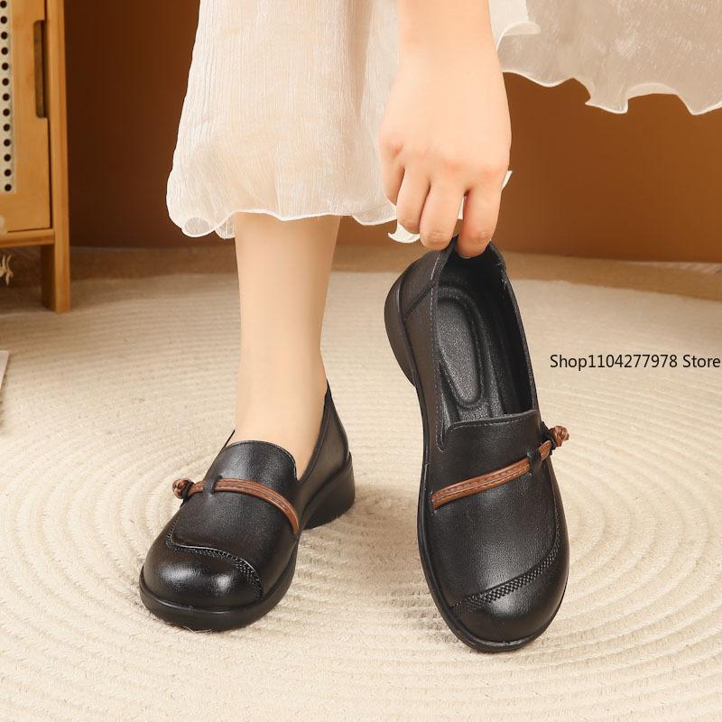 Fashion Pu Leather Soft Sole Soft Surface Mother Shoes Middle-aged and Elderly Women's Casual Single Shoes Pu Leather Flats