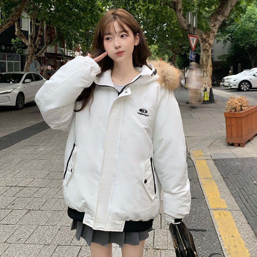 Winter Korean Style Loose Retro Down-padded Jacket for Women Loose Big Fur Collar Party Jacket