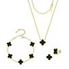 Ensemble Collier Boucles d'Oreilles Bague et Bracelet Trèfle à Quatre Feuilles Double Face Nacre 13mm Acier Titane