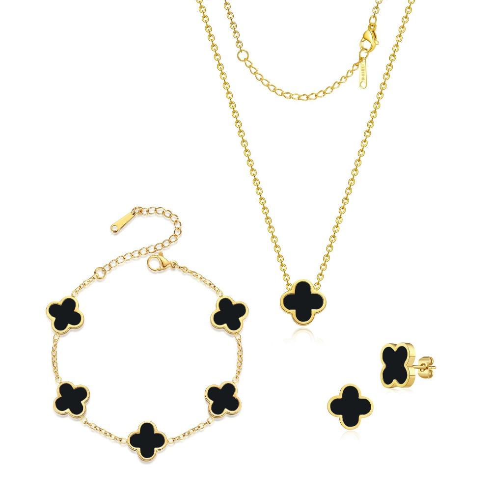 Ensemble Collier Boucles d'Oreilles Bague et Bracelet Trèfle à Quatre Feuilles Double Face Nacre 13mm Acier Titane