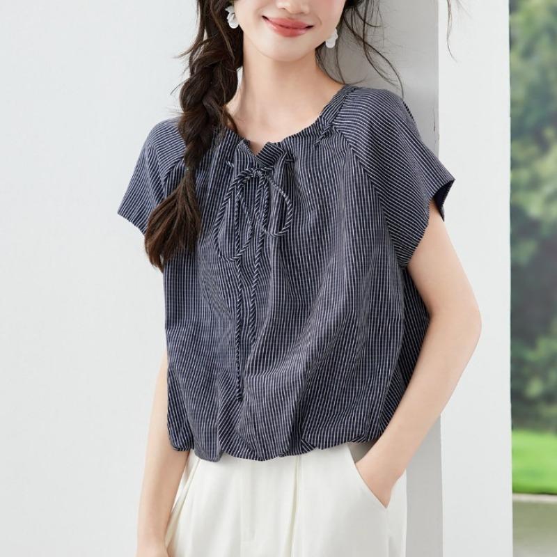 Women French Style Striped Lace Up Short Sleeve Casual Shirt Top S