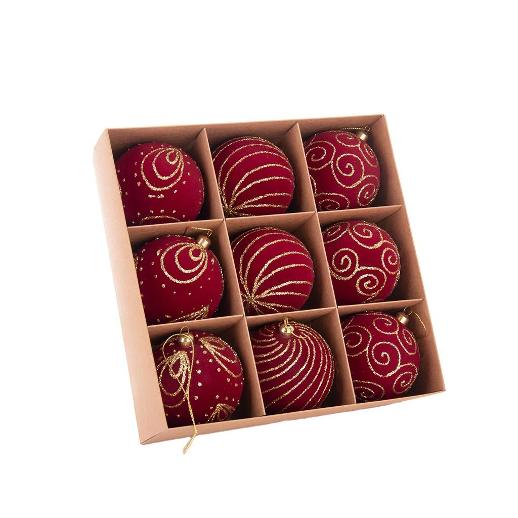 8cm bordeauxrote beflockte Weihnachtskugeln mit goldenem Glitzer-Muster, 24 Stück Geschenkbox-Set, 3 Muster Weihnachtsbaumschmuck