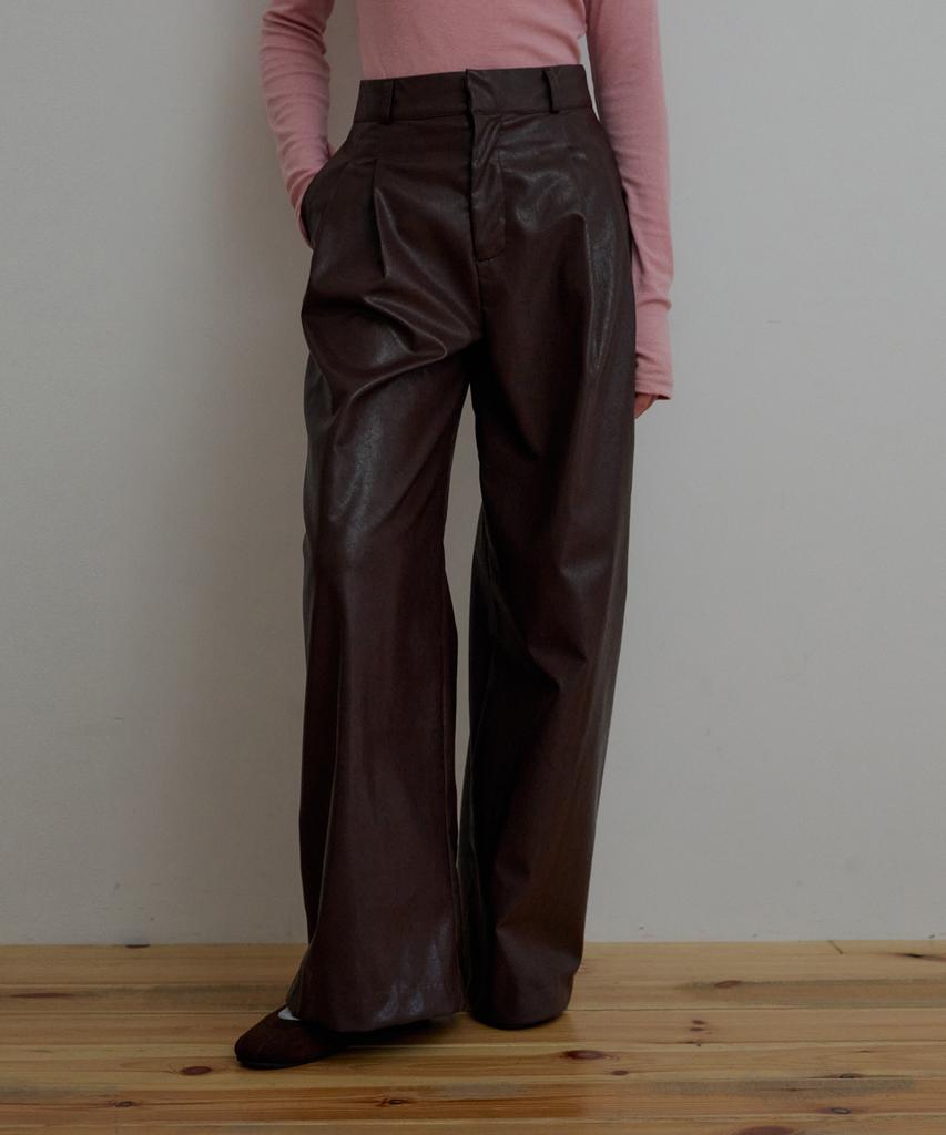 ODER Leather Wide Pants - Wine Brown