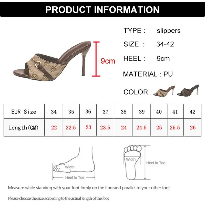 Fashion Elegant Metal Buckle High Heels Slippers Women Brand Design Printed Thin Heeled Sandals Woman Fashion Dress Party Shoes Size 42