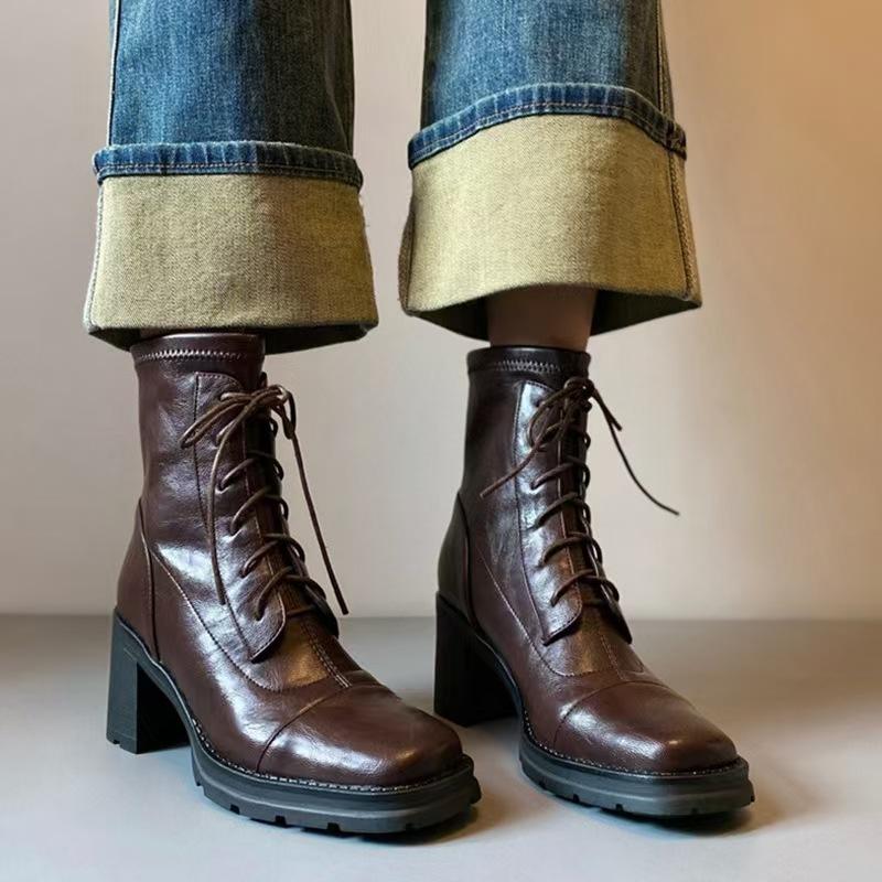 

2026 New Autumn Winter Women Ankle Boots 35-40 Stretch Microfiber Square Toe Lace-up Back Zip Thick Heel Skinny Boots 40 коричневий